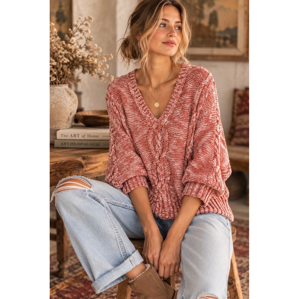 Far Away From Close Anthropologie XS Red Ivory Marled Cable Knit V-Neck Sweater
